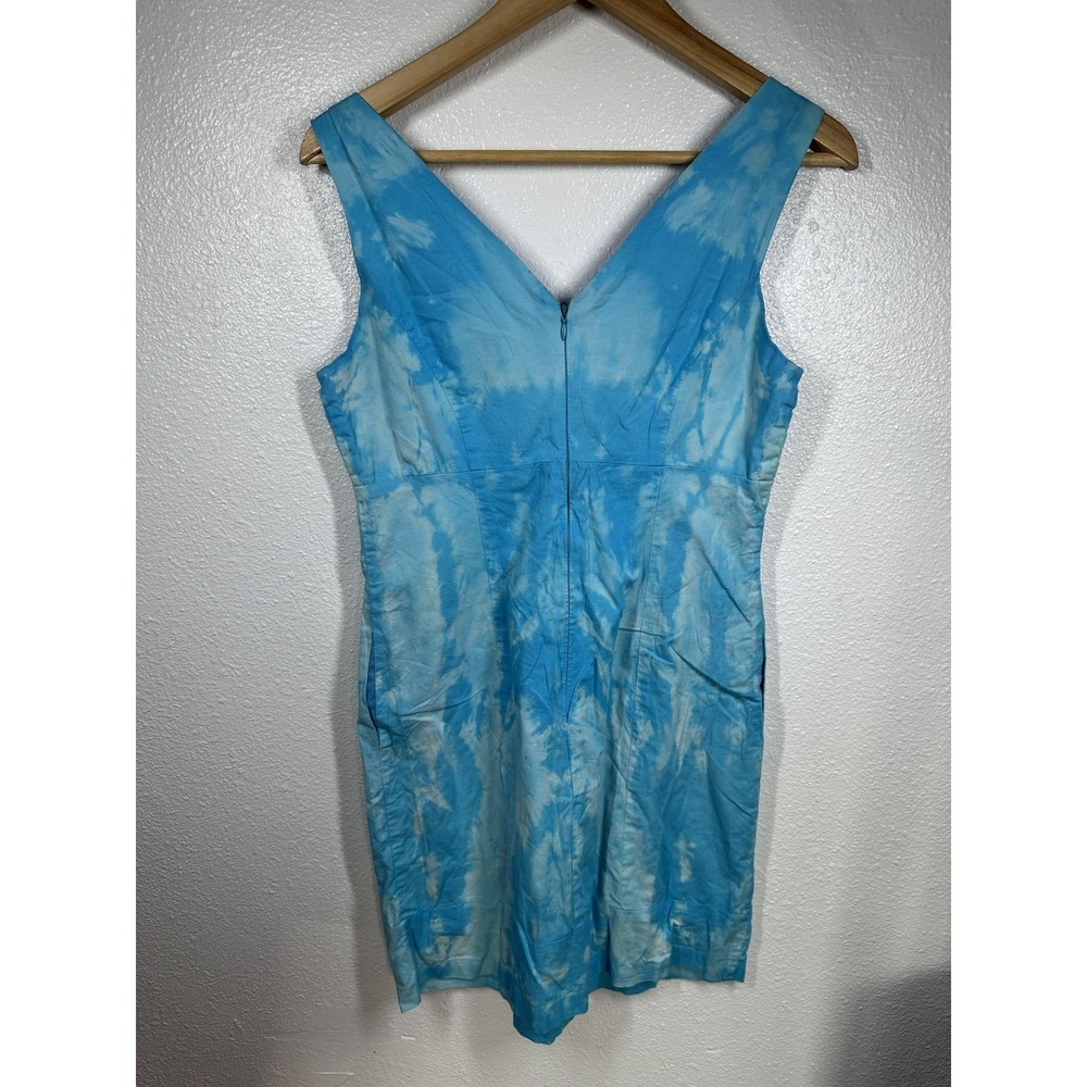Alyn Paige Dress Womens 5/6 Blue Tie Dye‎ Pleated V Neck Back Zip Pockets Cotton